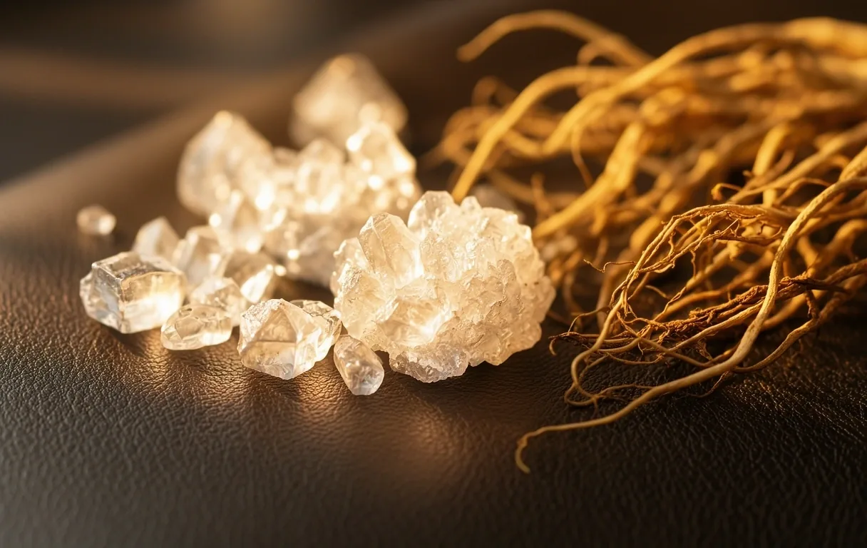 Detalle de minerales y raíces naturales